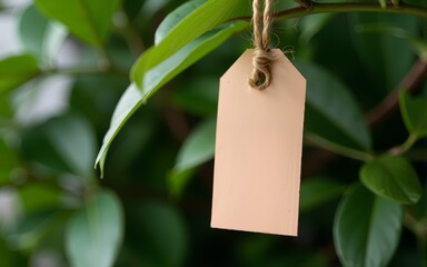 Brown Kraft Tag Hanging on Lush Green Plant. High quality