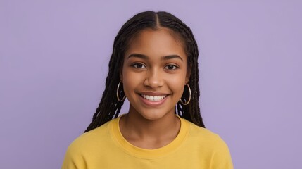 Young woman with braided hair smiles warmly against a purple background