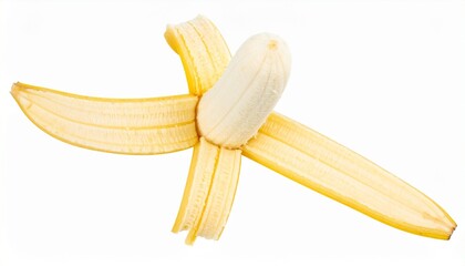 Partially peeled ripe banana on white background.