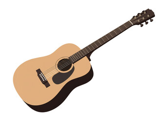 Acoustic guitar with light brown body and black pickguard displayed on a white background space