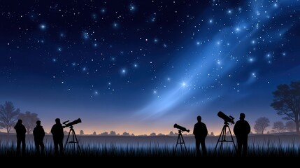 A serene night sky filled with stars, featuring silhouetted figures observing through telescopes, embracing the wonders of the universe.