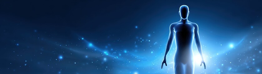 A glowing silhouette of a human figure against a starry background, representing themes of spirituality and connection to the universe.