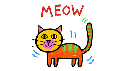 Naklejka premium Cute orange cat with green stripes says MEOW