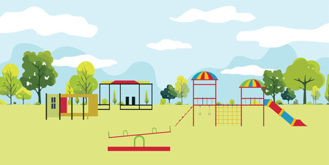 Flat Vector Illustration of Colorful Playground with Swings, Slides, and Trees in a Park © Selina