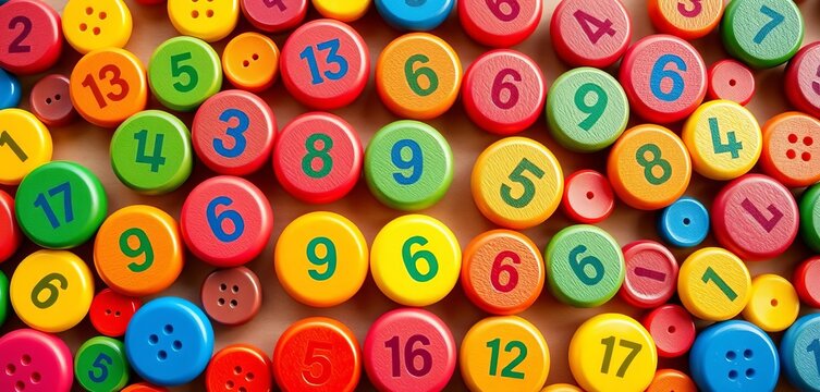 Colorful numbered wooden buttons arranged for counting game,   wood texture,  child
