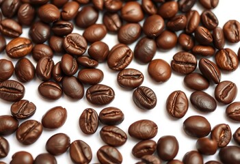 Close-up of several dark brown coffee beans, isolated on pure white ,  robusta, coffee beans
