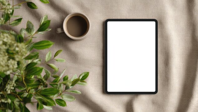 Tablet, coffee, and plants on beige fabric
