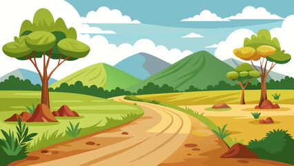 Fototapeta premium Vector art of a winding dirt road meanders through a vibrant countryside landscape featuring rolling green hills and scattered trees under a clear blue sky