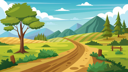 Vector art of a winding dirt road curves through a vibrant green landscape with rolling hills, farms, and pine trees, leading towards majestic mountains under a clear sky