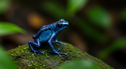 Obraz premium Close-up of a vibrant blue poison dart frog perched on mossy bark.