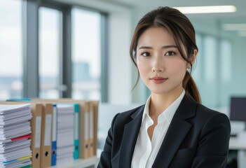 清潔感のあるリクルートスーツ女性が書類棚の前で微笑むオフィスポートレート