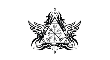 Vector Illustration of Norse Viking Symbol with Winged Elements in Black for Mythology or Tattoo Design