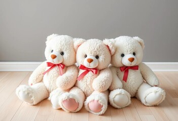 Three fluffy teddy bears on light wood floor, gray wall background,  childhood,  stock photo
