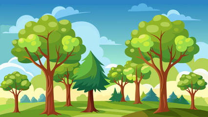 Vector art of a vibrant cartoon illustration of a lush green forest with various types of trees under a bright blue sky with fluffy white clouds, evoking a sense of natural beauty and growth