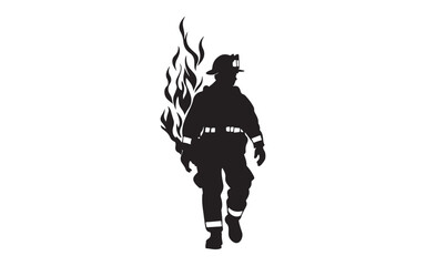 Brave Firefighter Silhouette Vector Walking Through Flames Graphic Art