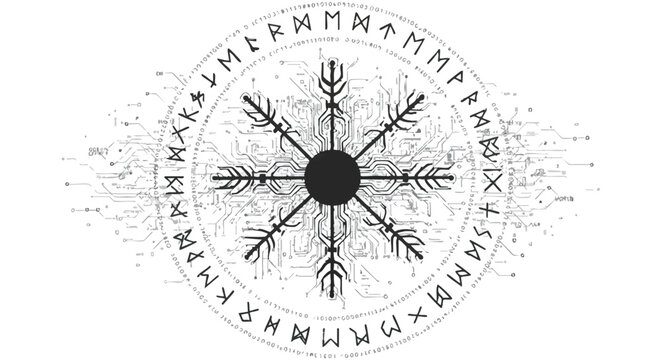 Vector Illustration of Snowflake with Circuitry and Runes in Modern Geometric Style Bright Monochrome Colors