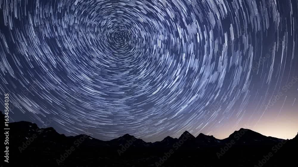 Poster mesmerizing star trails over a majestic mountain range ideal for calm and relaxing projects.