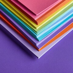 Colorful paper stacks in vibrant hues, angled on a deep purple backdrop