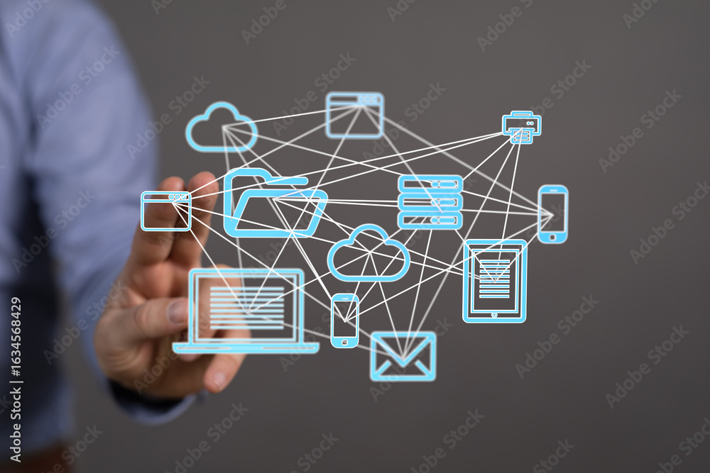 Poster image depicting a network of interconnected devices, illustrating cloud computing, data sharing, and