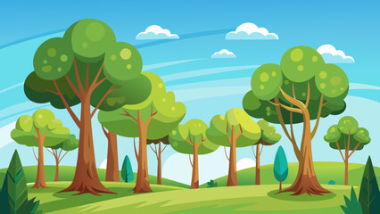 Vector art of an idyllic cartoon landscape showcasing a dense forest with various trees, grassy slopes, and a beautiful blue sky dotted with soft white clouds