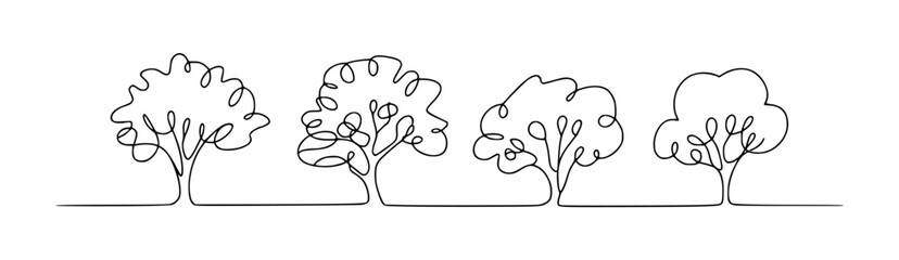Minimalist line art illustration of four stylized trees black and white