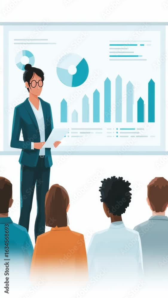 Aufkleber manager presenting financial data to an audience in a corporate meeting environment using digital vi