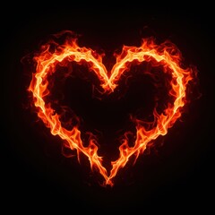 A fiery heart shape made of flames burns brightly against a dark background, symbolizing passion and intense love