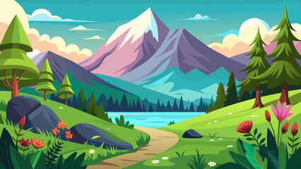 Vector art of charming cartoon illustration of a serene mountain vista with a clear lake, verdant hills, and a dirt path leading through wildflowers