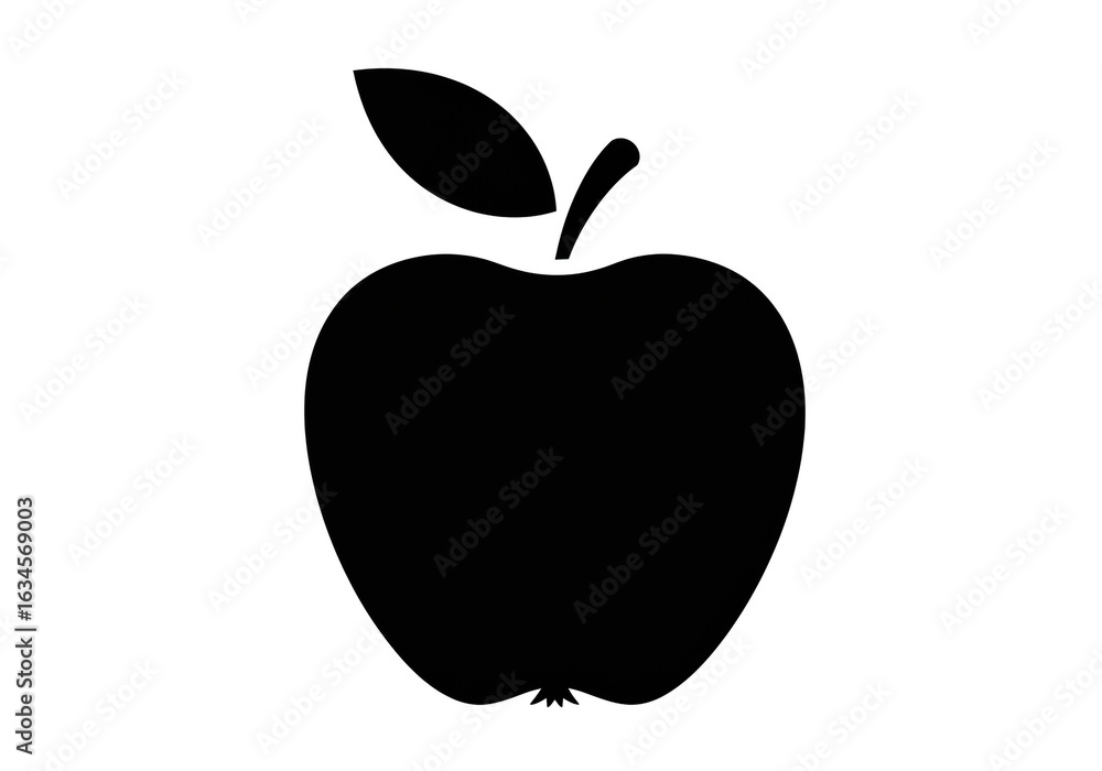 Poster a simple black silhouette of an apple with a leaf and stem on a white background design element