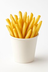 French fries in a white paper cup on white background