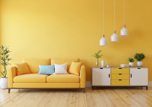 Fototapeta Bright and vibrant modern living room with a yellow sofa, minimalist cabinet, and hanging pendant lights against a bold yellow wall
