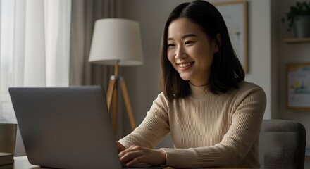A smiling young Asian woman is happily engaged with a laptop at a bright desk, embodying modern remote work, online learning, or digital communication.