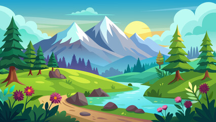 Vector art of serene mountain vista at sunset with snowcapped peaks, a gentle river, rolling green hills, trees, and blooming flowers