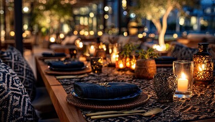 Outdoor dining area, elegantly set with dark blue linens, warm lighting, and ethnic accents