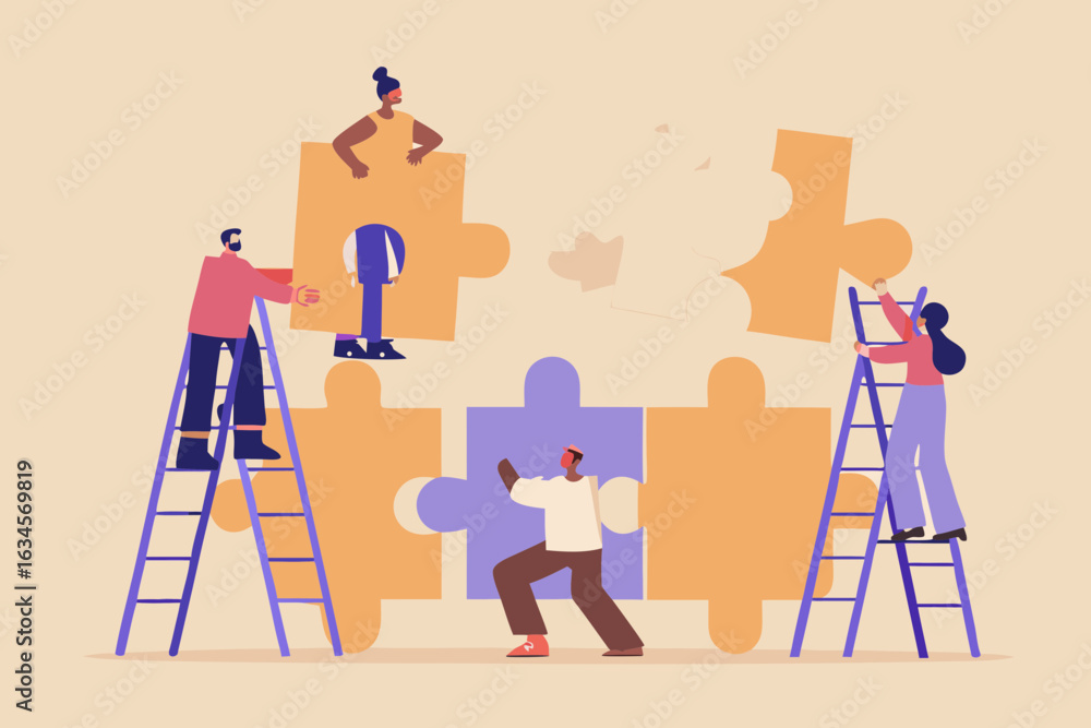 Poster diverse team collaborates to assemble a large puzzle using ladders