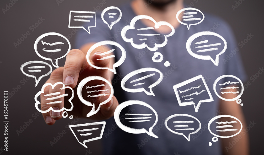 Poster conceptual image of a person interacting with digital speech bubbles, symbolizing communication and 