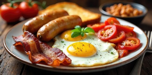 A sizzling plate of sausages, crispy bacon, fried eggs, and grilled tomatoes, served with toast and baked beans A classic, hearty breakfast , home-style, sausage