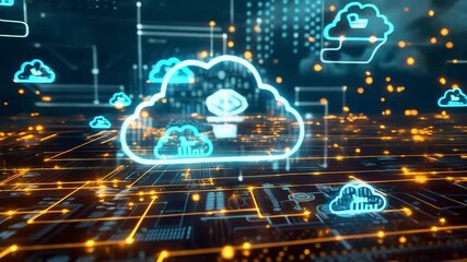 Futuristic visualization of cloud technologies and data. Applicable for technology presentations, advertising of IT services and digital innovations.
