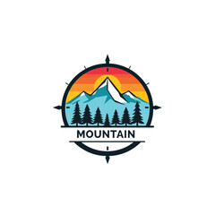 Vector art of colorful mountain logo with pine trees and sunset isolated on white background