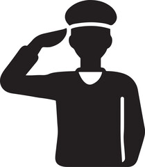 Isolated black saluting soldier icon, silhouette tribute to military service, Veterans Day honor symbol, flat minimal vector, white background, respectful gesture design, patriotic remembrance graphic