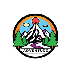 Vector art of colorful adventure logo featuring mountains, trees, sun, and river isolated on white