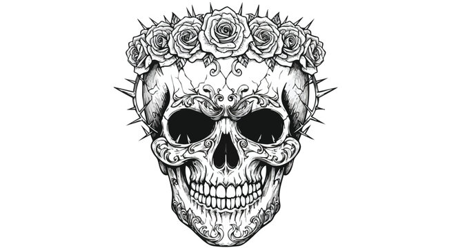 Vector Illustration of Skull with Floral Crown in Gothic Style for Tattoo Design and Dark Artistic Themes