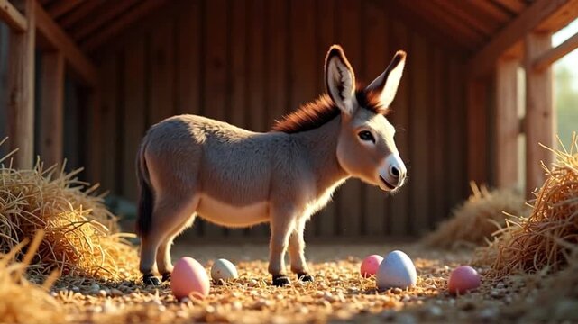 A charming donkey stands in a barn, surrounded by Easter eggs, bathed in sunlight.