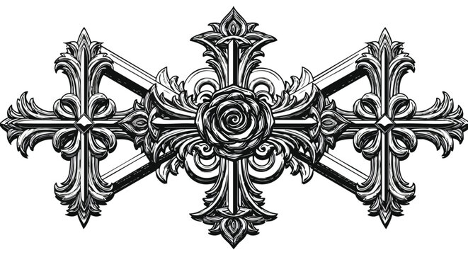 Ornamental Vector Design with Floral and Cross Elements in Vintage Style Black and White