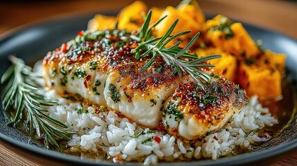 A beautifully plated dish featuring grilled fish, garnished with herbs, served on a bed of rice alongside roasted sweet potatoes, perfect for a healthy meal.
