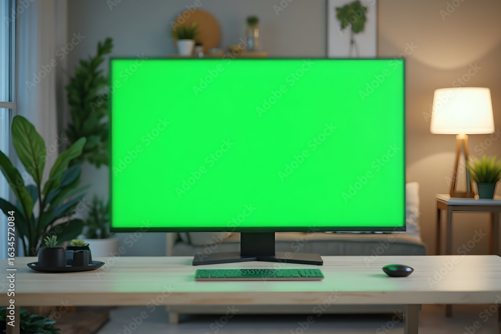 Poster computer monitor displaying green screen in home office setting