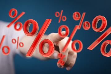 3D rendering of a hand interacting with percentage signs, ideal for finance, sales, and discount...