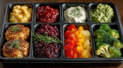 A colorful array of healthy dishes presented in a divided tray, showcasing a variety of textures and flavors that appeal to the senses.