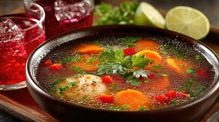 A delicious bowl of soup garnished with fresh herbs and colorful vegetables, accompanied by refreshing drinks, creating a vibrant and appetizing scene.