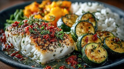 A delicious plate featuring grilled fish with herbs, served alongside sauteed zucchini, rice, and vibrant seasonal vegetables, perfect for a healthy meal.